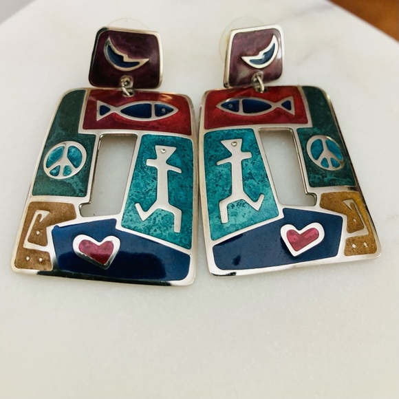 Edgar Berebi Enamel Dangle Stud Earrings Silver Tone Fish Man Peace Sign Heart - Picture 6 of 11